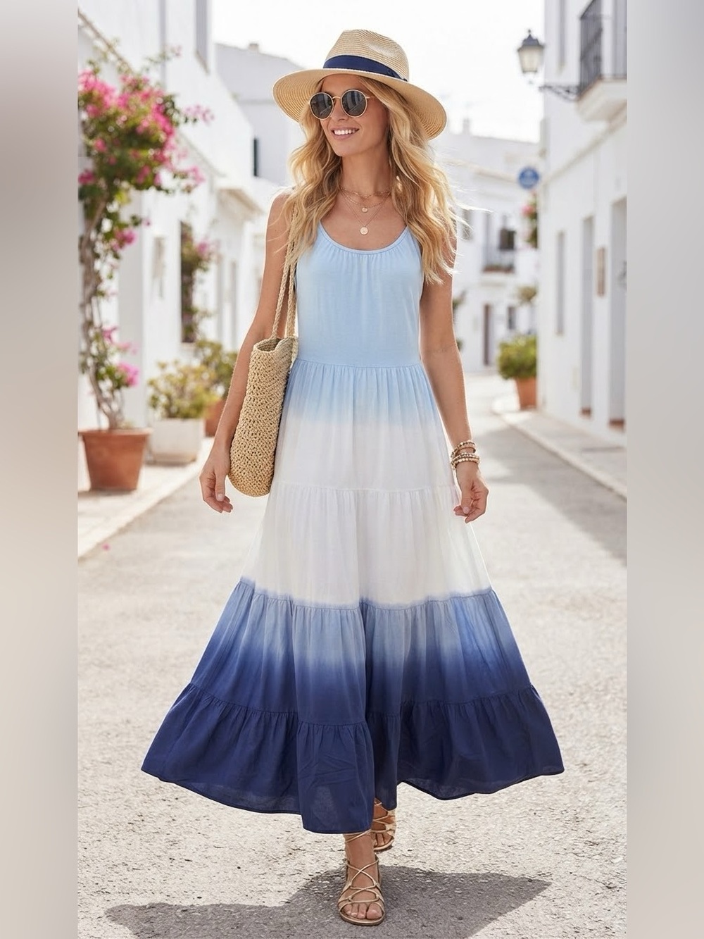 Pink Lily Blue White Ombre Tiered Maxi Dress Size Small